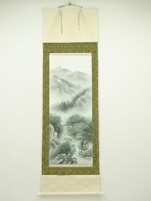 吉水筆　淡色山水　肉筆絹本掛軸（共箱）